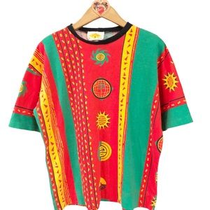 Vibrant colorful print vintage shirt L cotton/poly blend AND HOW! Paris …